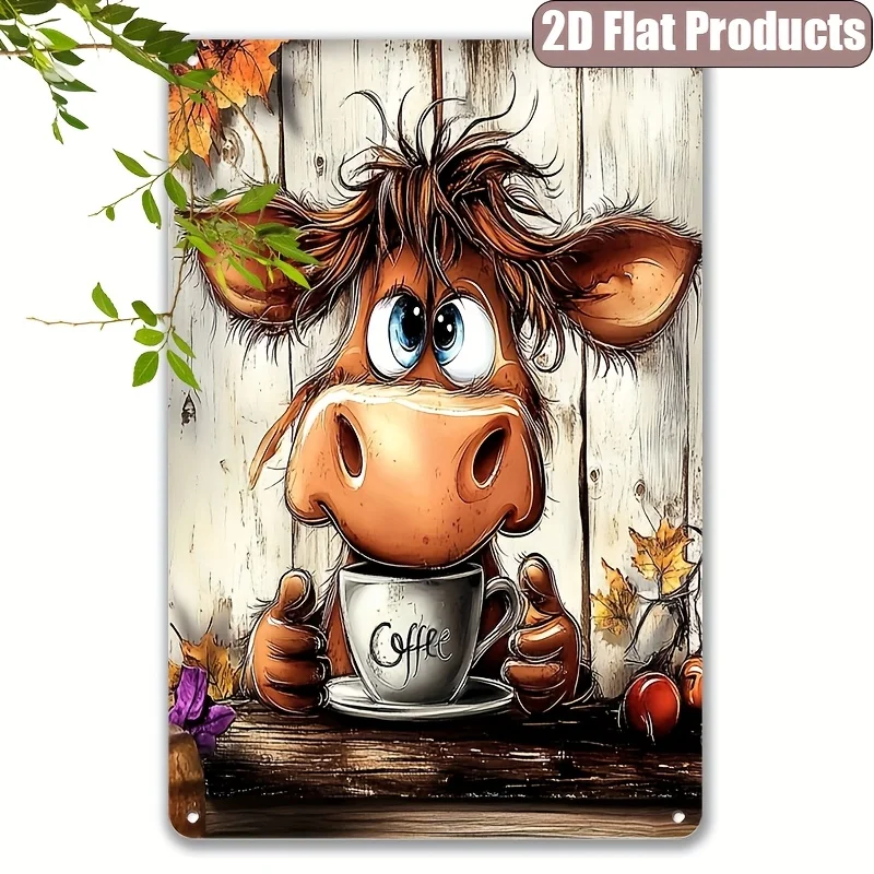 Vintage Cow Metal Wall Art Sign - Rustic Farmhouse Coffee Cup & Highland Cow Decor,  Scottish Cow Plaque for Home, Cafe
