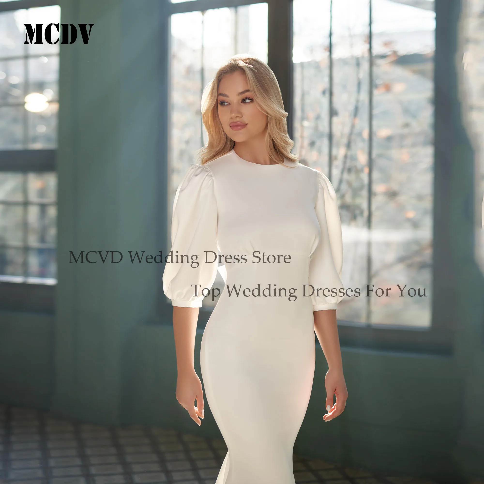 MCDV فساتين حفلات الزفاف المثيرة رقبة دائرية نصف كم حورية البحر فساتين العروس للنساء فستان زفاف مخصص 2025 سويب تراين من الساتان