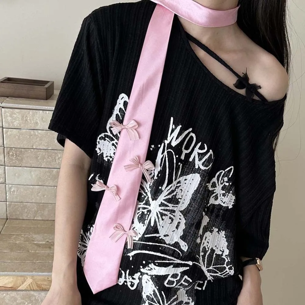 Moda multi-uso nastro papillon pizzo Y2K cravatta lunga in raso rosa collares sciarpa lunga stretta quotidiana