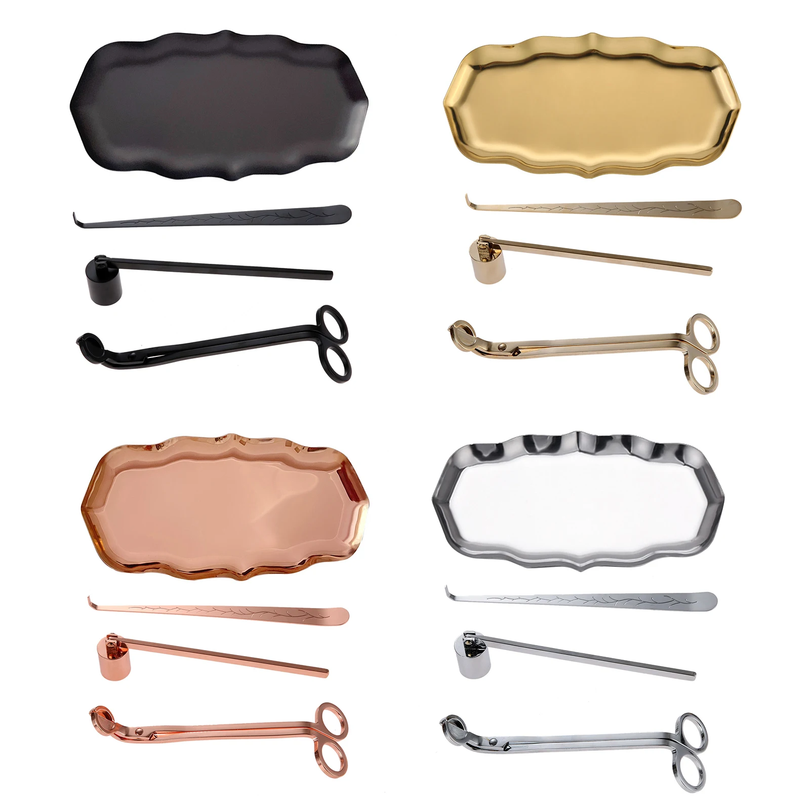 Recortador de mecha de vela de acero inoxidable, tijeras, ganchos de extinción, juego de herramientas para el cuidado de las velas en el hogar con caja de regalo, oro rosa, negro y plateado, 4 piezas