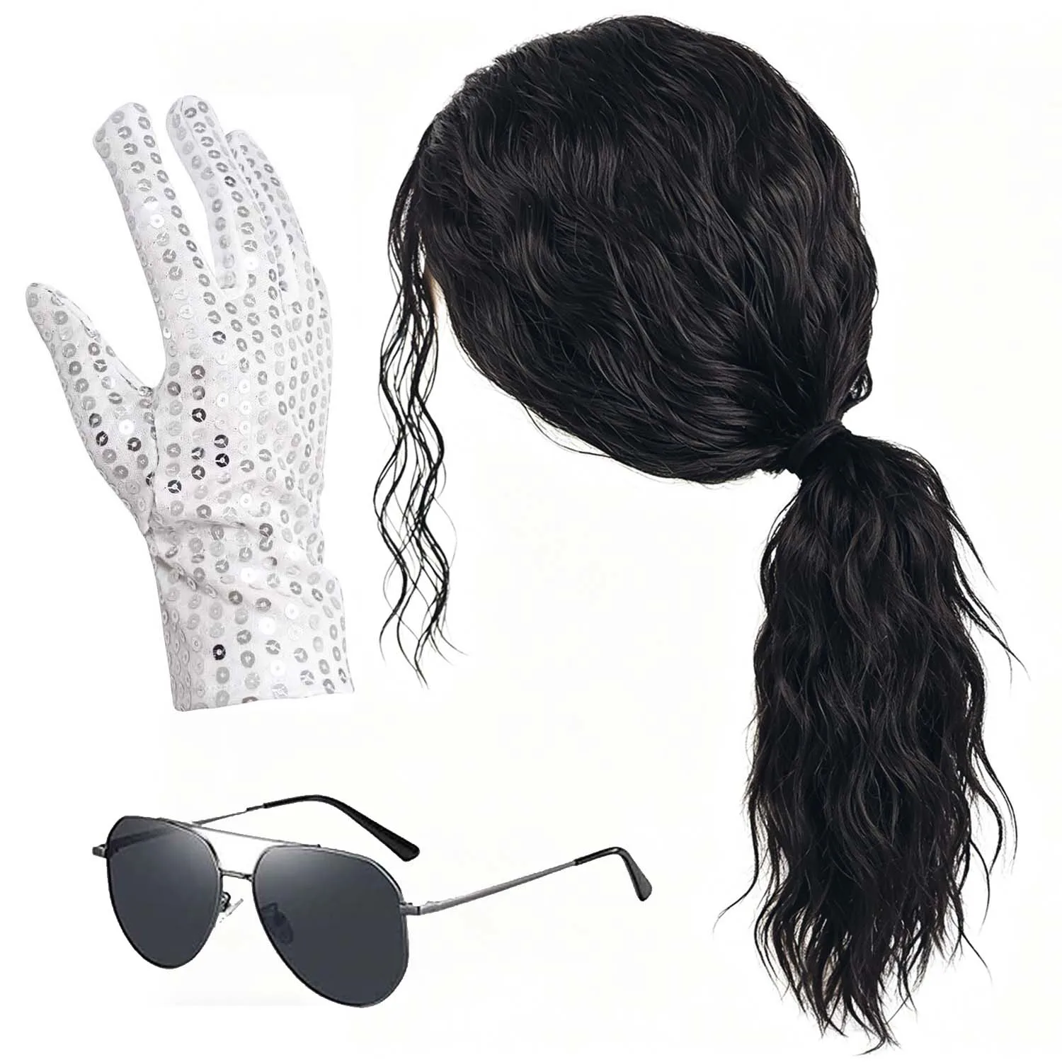 Peluca sintética larga y rizada negra para hombre + gafas + guantes, pelucas de cosplay de Michael Jackson, pelucas de fiesta rockera de los años 70 y 80 para Halloween o diversión