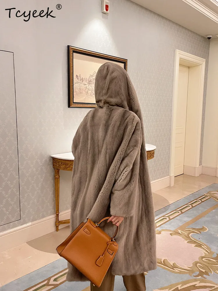

Tcyeek Top Quality Mink Fur Coat Women Winter Jacket Hoodie Natural Whole Mink Womens Coats Swan Velvet Grade Over Knee 103cm
