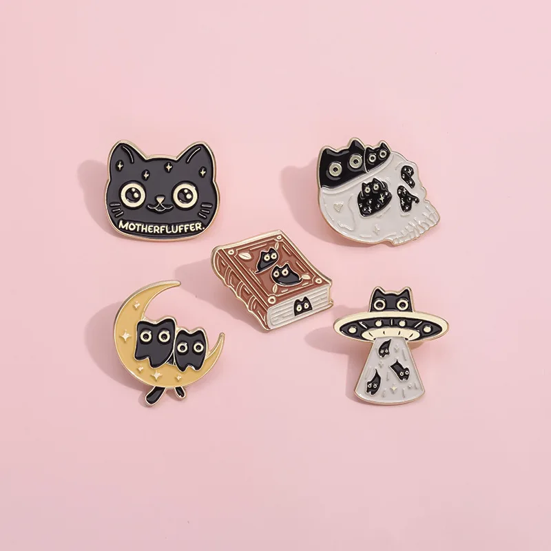 Cute Black Cat Metal Brooch Spaceship Skeleton Book Cat Flower Witch Magic Cat Dagger Christmas Cat Badge Punk Lapel Pin Jewelry