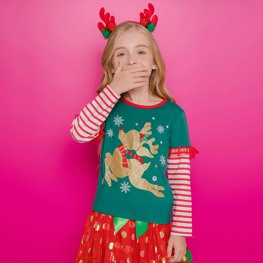 Girls Christmas Green Tops with Ruffle Sleeves Kids Reindeer Snowflake Print Soft Cotton Holiday Party Xmas Festival Tees Gift