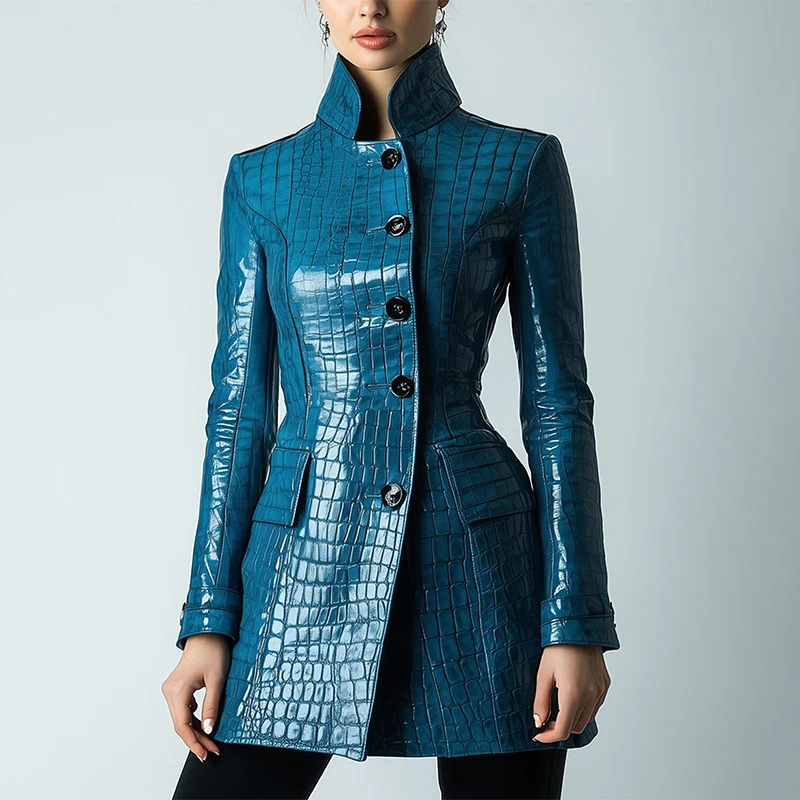 

Women PU Leather Crocodile Stand Collar Button Mid-Length Coat Autumn Winter Faux Leather Slim Fit Windbreak Coat Outwear