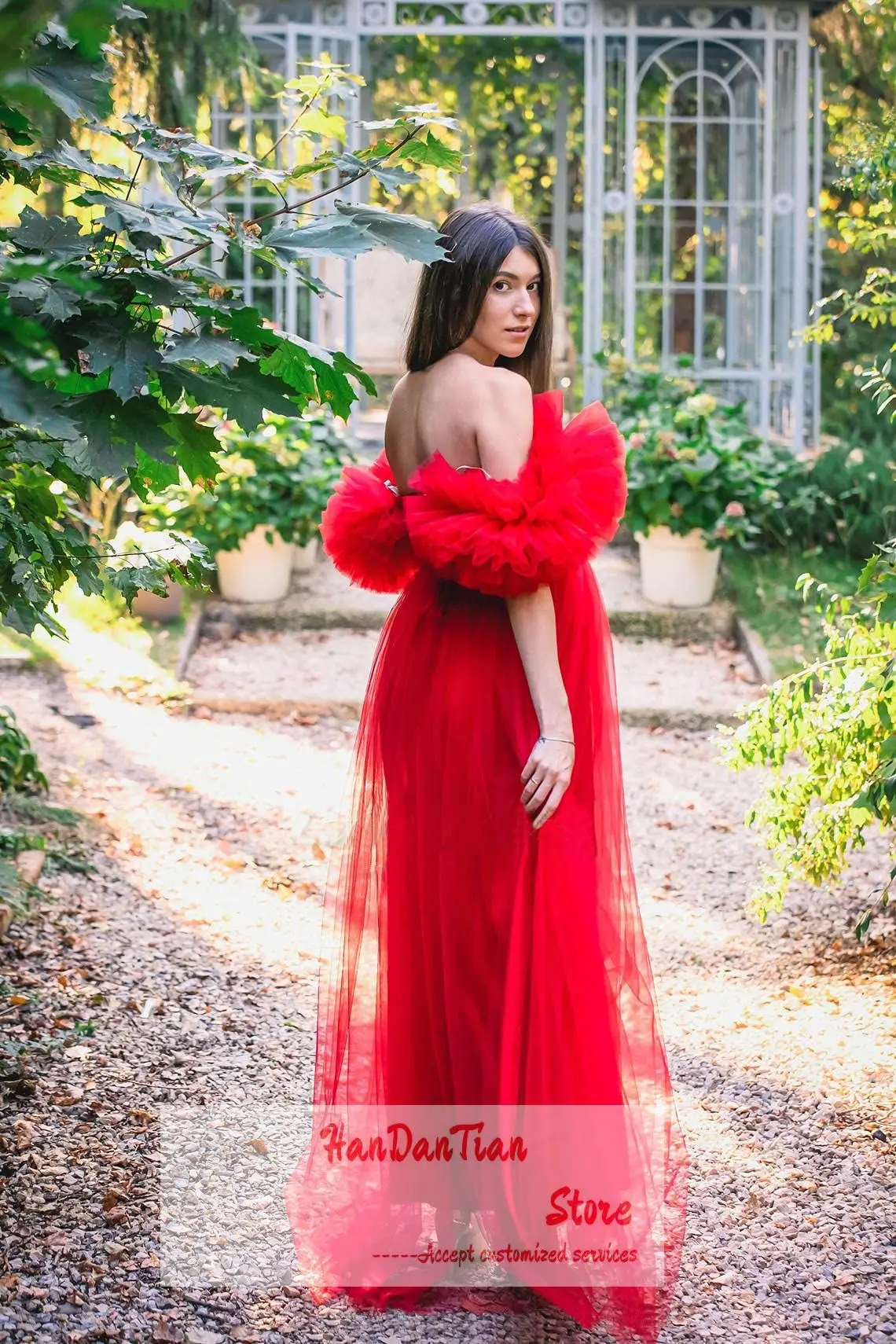 Off Shoulder Maternity Dress Photoshoot Ruffle Tulle Prom Party Gown