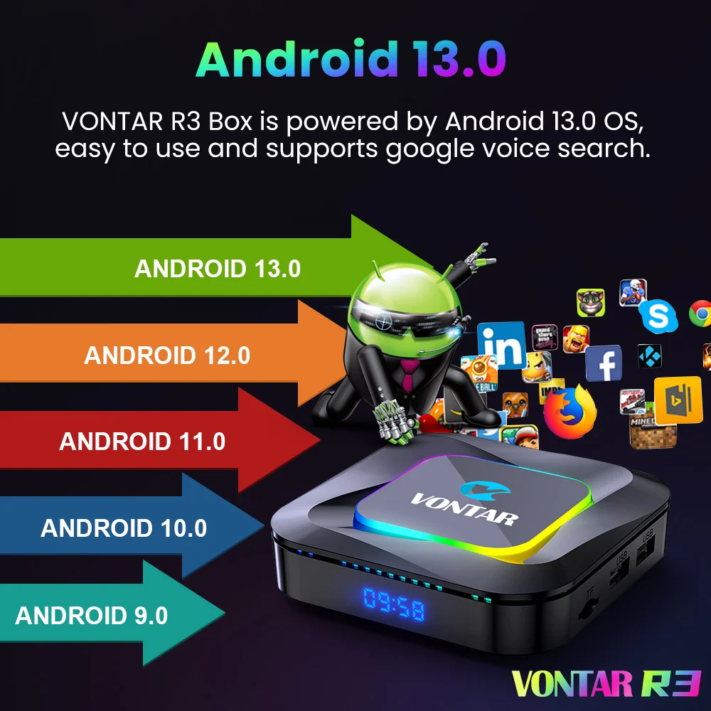 VONTAR R3 RGB Light Android 13.0 TV Box RK3528 رباعي النواة Cortex A53 يدعم 8K Video HDR10 + BT5.0 Wifi6 Google Voice Media Play