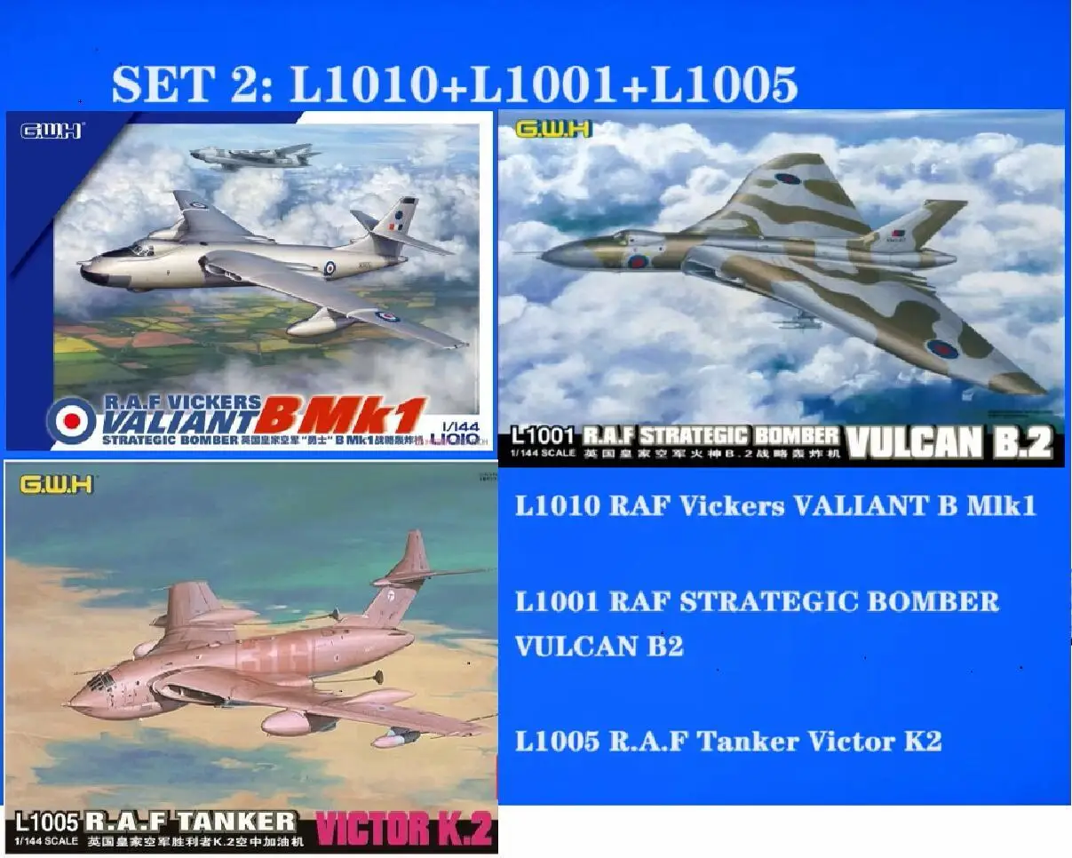 

GREAT WALL HOBBY 1/144 L1010 RAF Vickers VALIANT B Mlk1 & L1001 RAF STRATEGIC BOMBER VULCAN B2 & L1005 RAF Tanker Victor K2