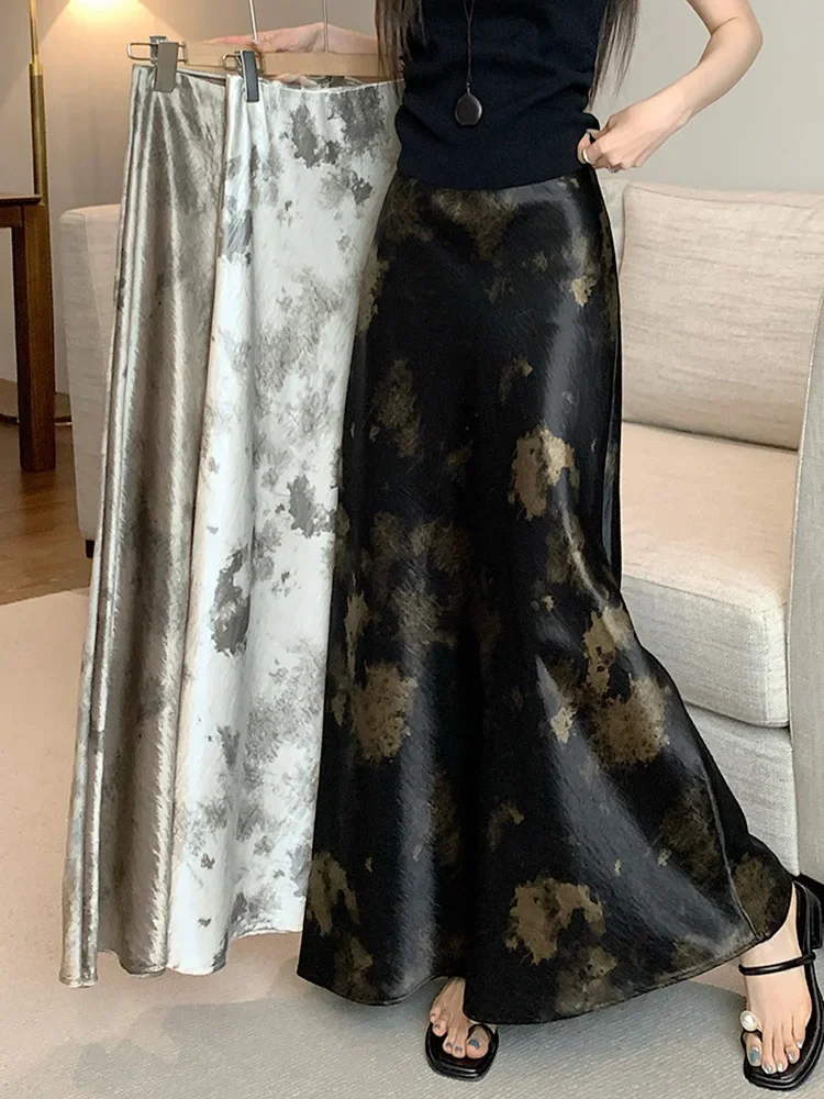 Zoki Retro Tie Dye Satin Long Skirts Women Elegant Korean Vintage Slim Trumpet Skirt Casual Summer Sweet Comfortable Long Skirt