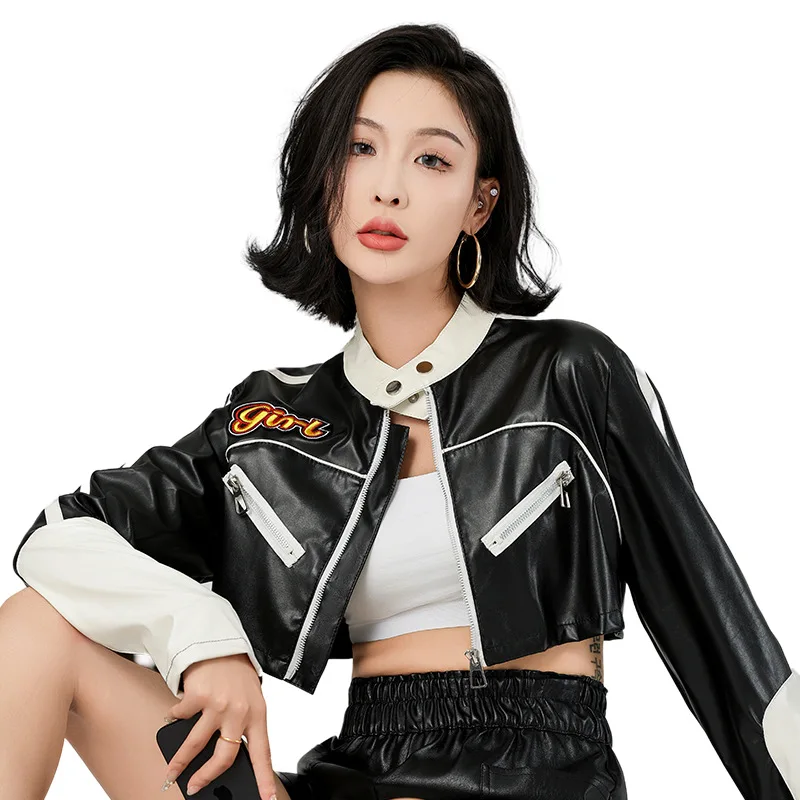 Street motorcycle jacket with a feminine touch, spicy girl PU slim fit short motorcycle rock punk  zipper leather jacket top