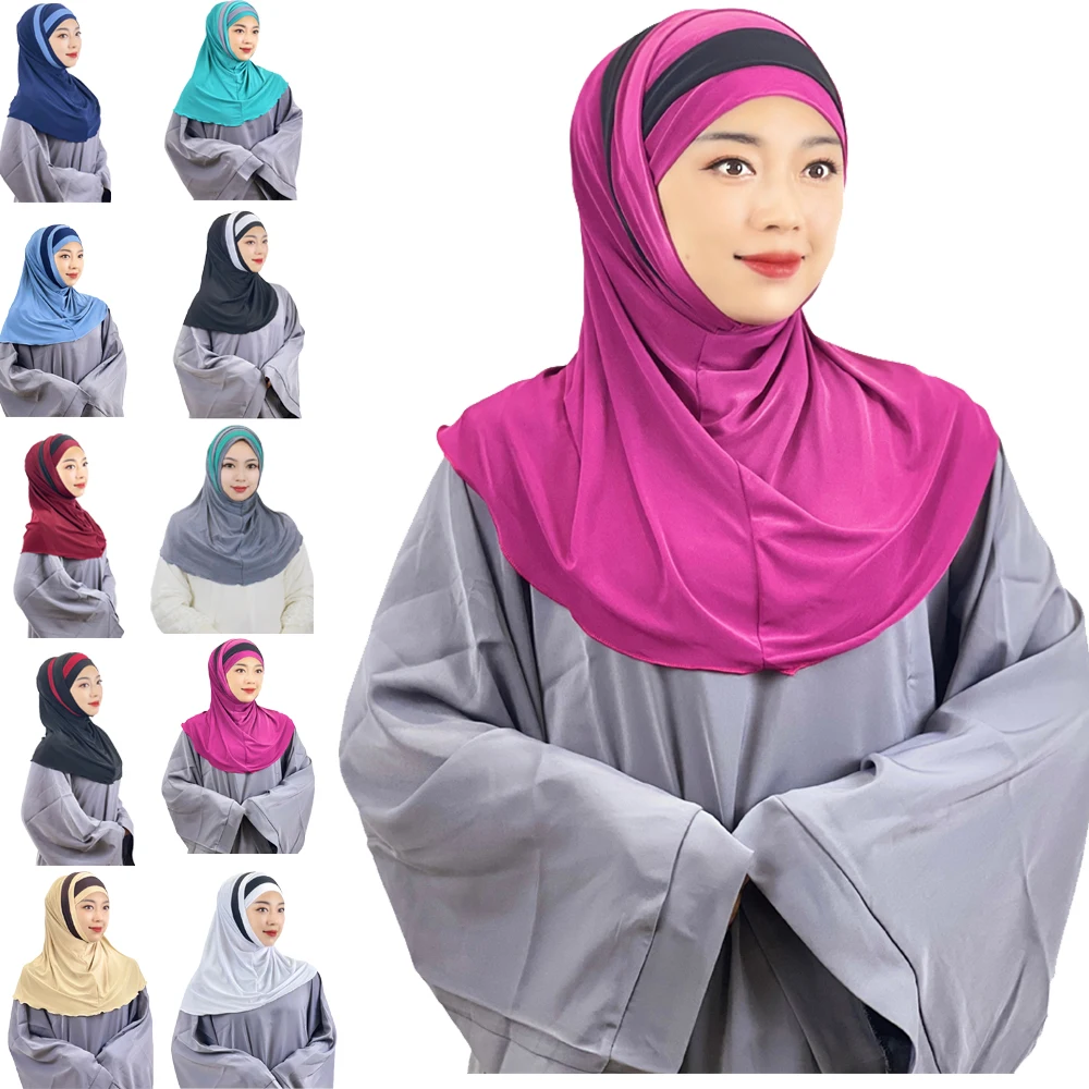 

2 Piece Amira Hijab Women Islamic Head Wrap 2 In 1 Hijab Scarf Set Muslim Islamic Scarves Striped Shawl Jersey Turbans Headscarf