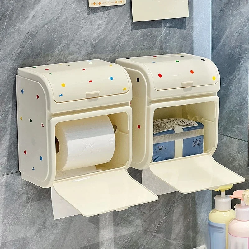 Wall-mounted Toilet Paper Holder Double-layer Waterproof Cute Sticker Drill-free Multi-purpose for Bathroom Washroom JJ4862