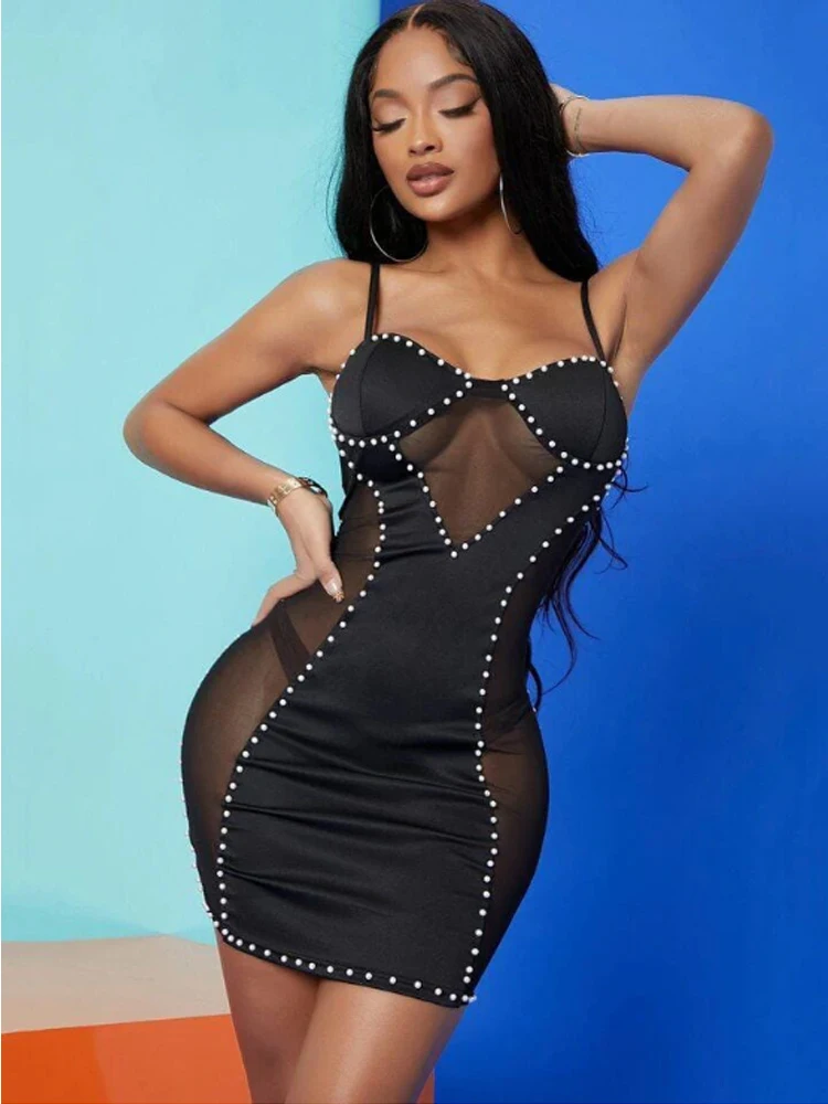 Robe courte moulante noire avec détail de perles et panneaux transparents, bretelles Spaghetti pour femmes, tenue de soirée haut de gamme pour fête, Cocktail, événement