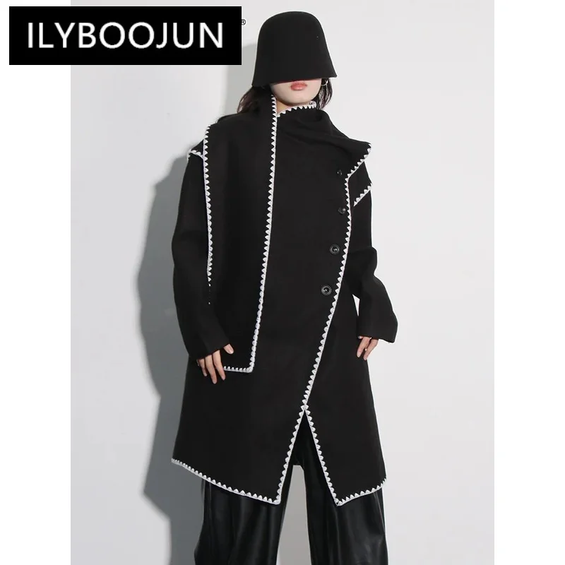 

Элегантный Тренч ILYBOOJUNColorblock для женщин, шарф-воротник, длинный рукав, пэчворк, на пуговицах, дизайнерские тренчи, женская одежда