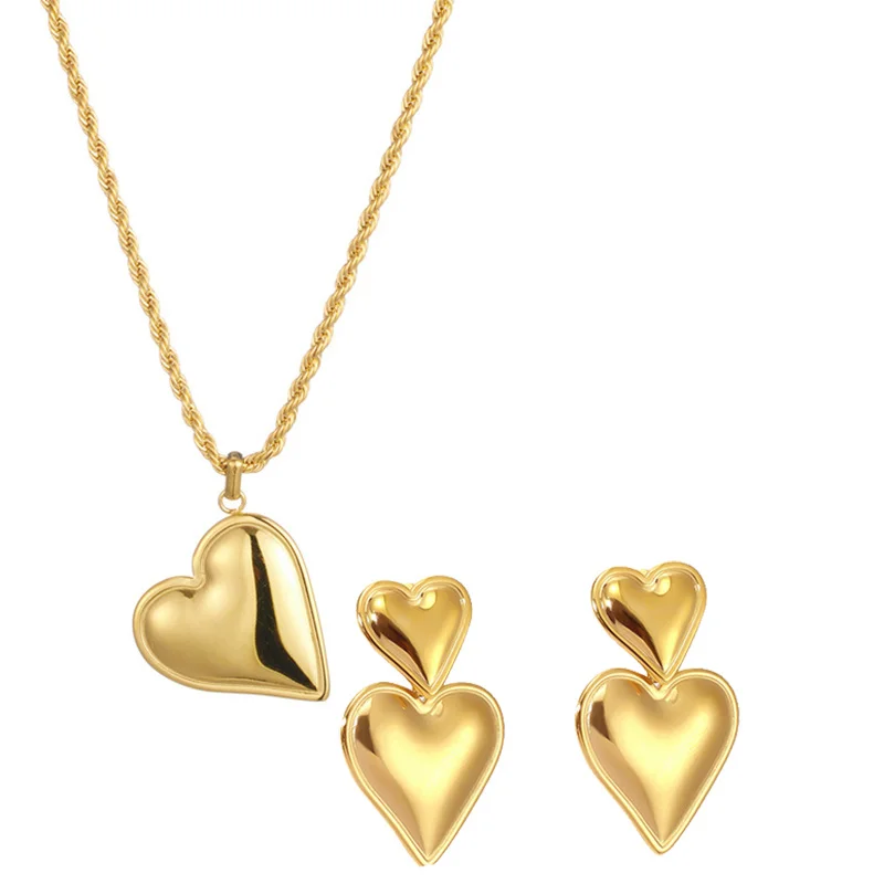 Ensemble de bijoux double amour en acier inoxydable pour dames, collier de tempérament, boucles d'oreilles pendantes, niche, rétro, 304