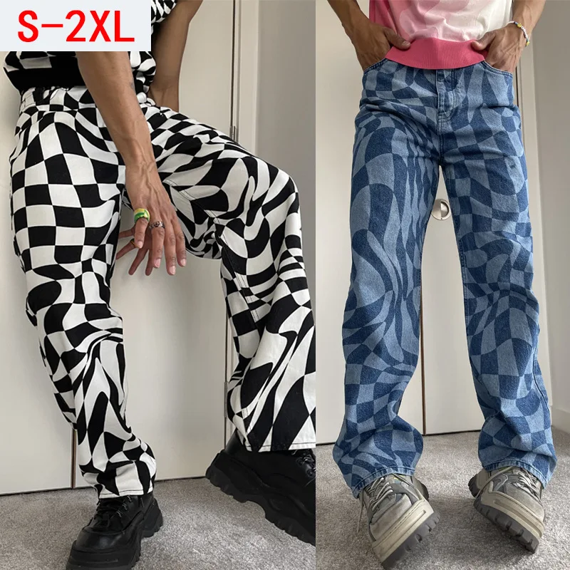 Men's washed jeans European and American personality diamond pattern printed straight leg casual pants