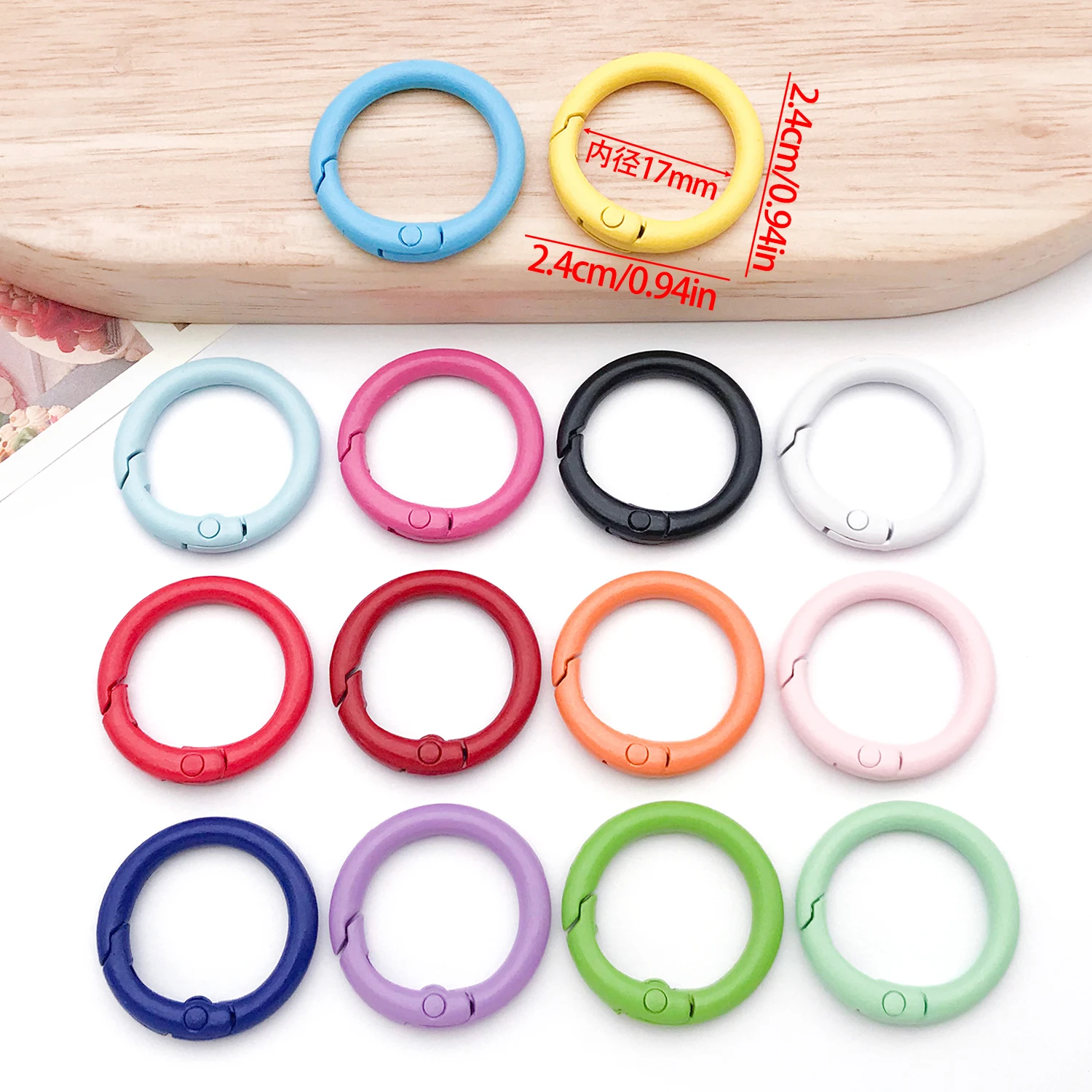 30pcs 24x24mm painted color round spring buckle series hook, suitable for key chain clip DIY jewelry buckle connector. view 3