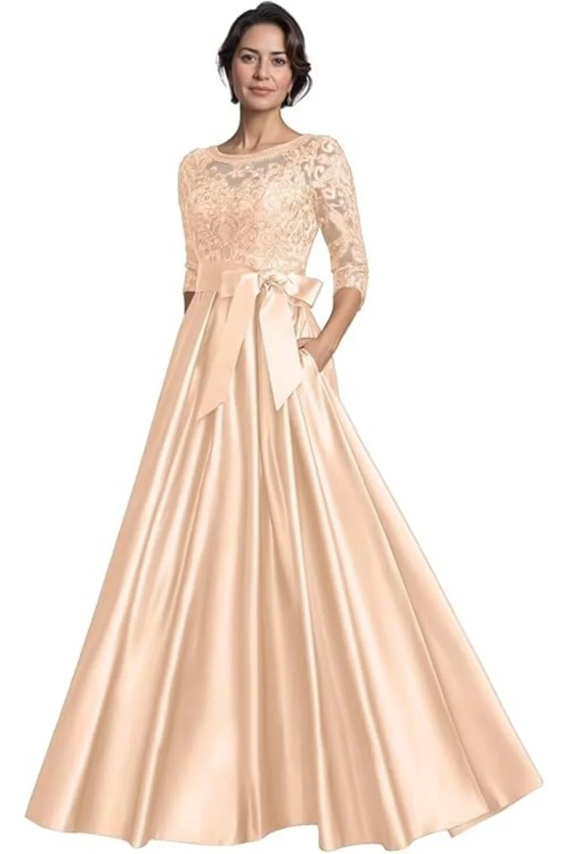 Abiti per la madre della sposa per matrimonio Abito da sera lungo con applicazioni in pizzo di raso con maniche a 3/4 e tasche Abito da ballo con scollo tondo