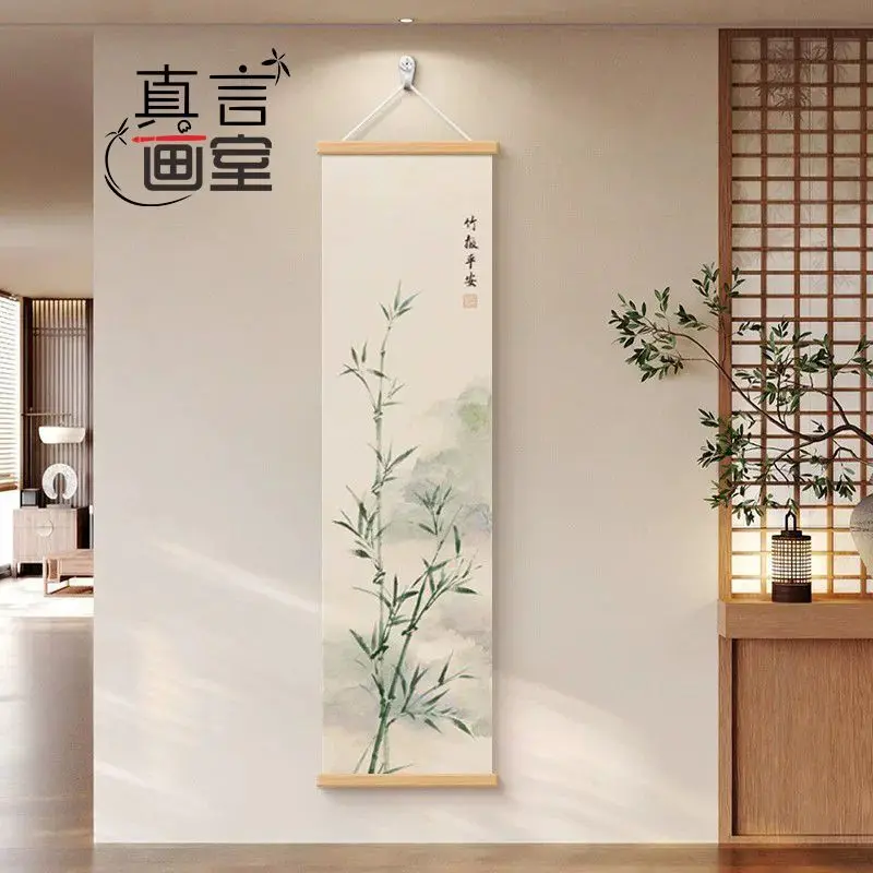 Wall Art Peaceful Bamboo Grove Pearlescent Canvas Hanging Scroll with Wooden Rods for Entryway Hallway and Tea Room