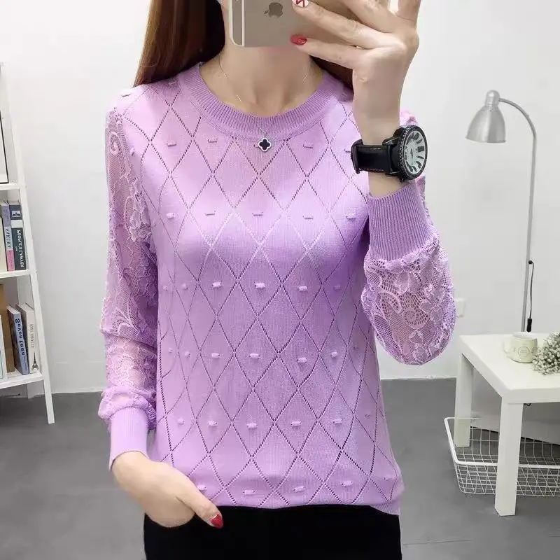 2024 Spring and Autumn New Arrivals Lace Hollow Out Loose Large Size Crew Neck Long Sleeve Solid Color Sweater Pullovers Tops