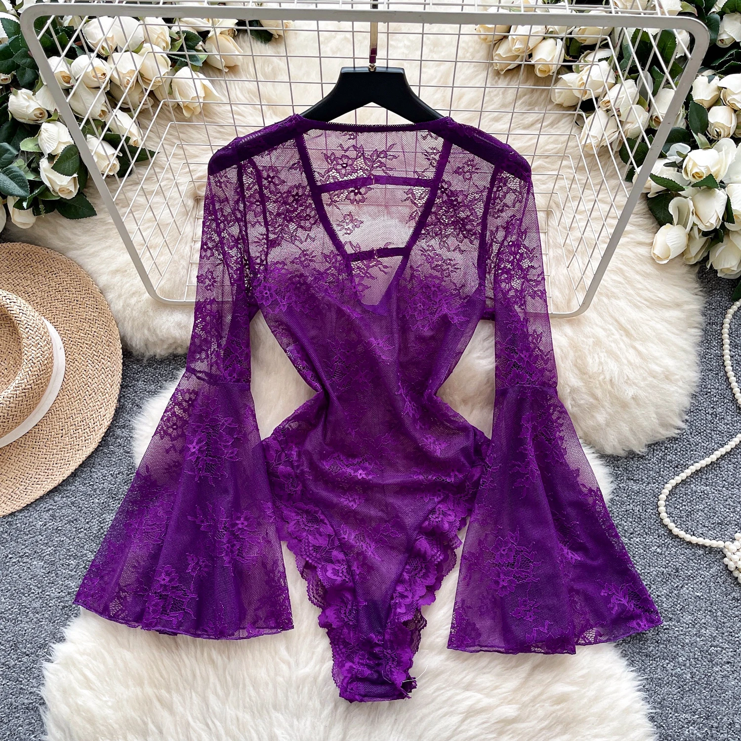Sexy Slim flare sleeve lace bodysuits Chic Korean Camis Tank Top Fashion Summer Women Clothing