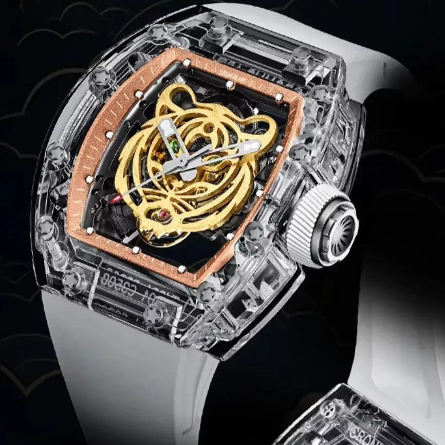CRONUSART Men Automatic Watch 50mm Tonneau Mechanical Wristwatch Acrylic Case K9 Mirror Luminous Skeleton Tiger Dial FKM Strap
