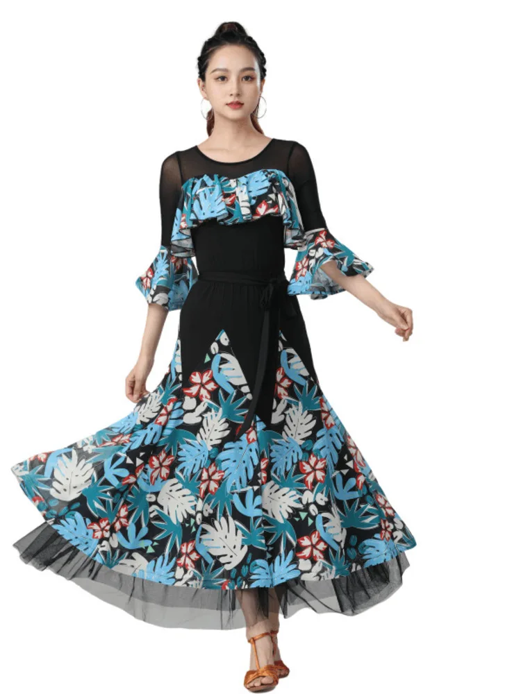 Flare Sleeve Ballroom Waltz Playsuits International Dancewear Classical Dance Print Patchwork Competition Wear Luxury Jazz Skirt