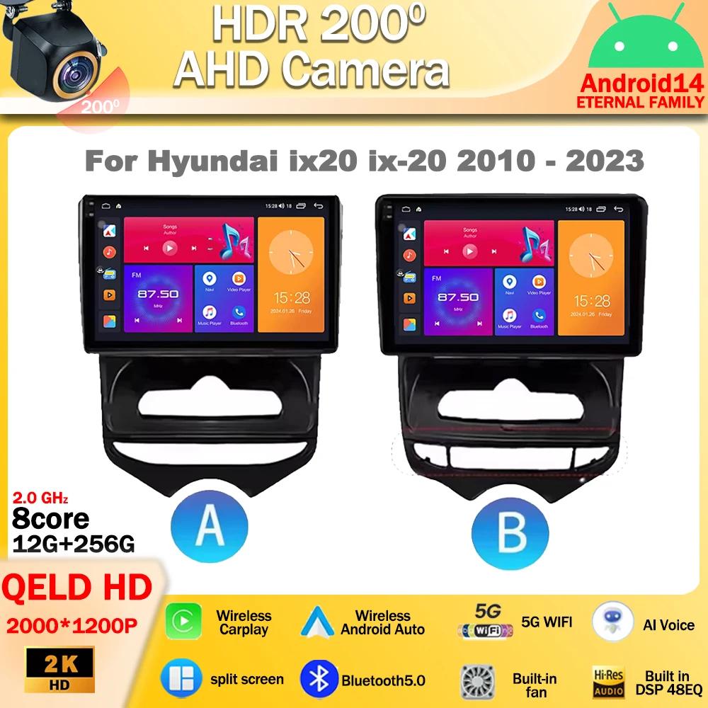 Android 14 สําหรับHyundai ix20 ix-20 2010 - 2023 Carplay Androidเครื่องเล่นวิทยุรถยนต์มัลติมีเดียIPS QLEDนําทางGPS Wifi Head Unit