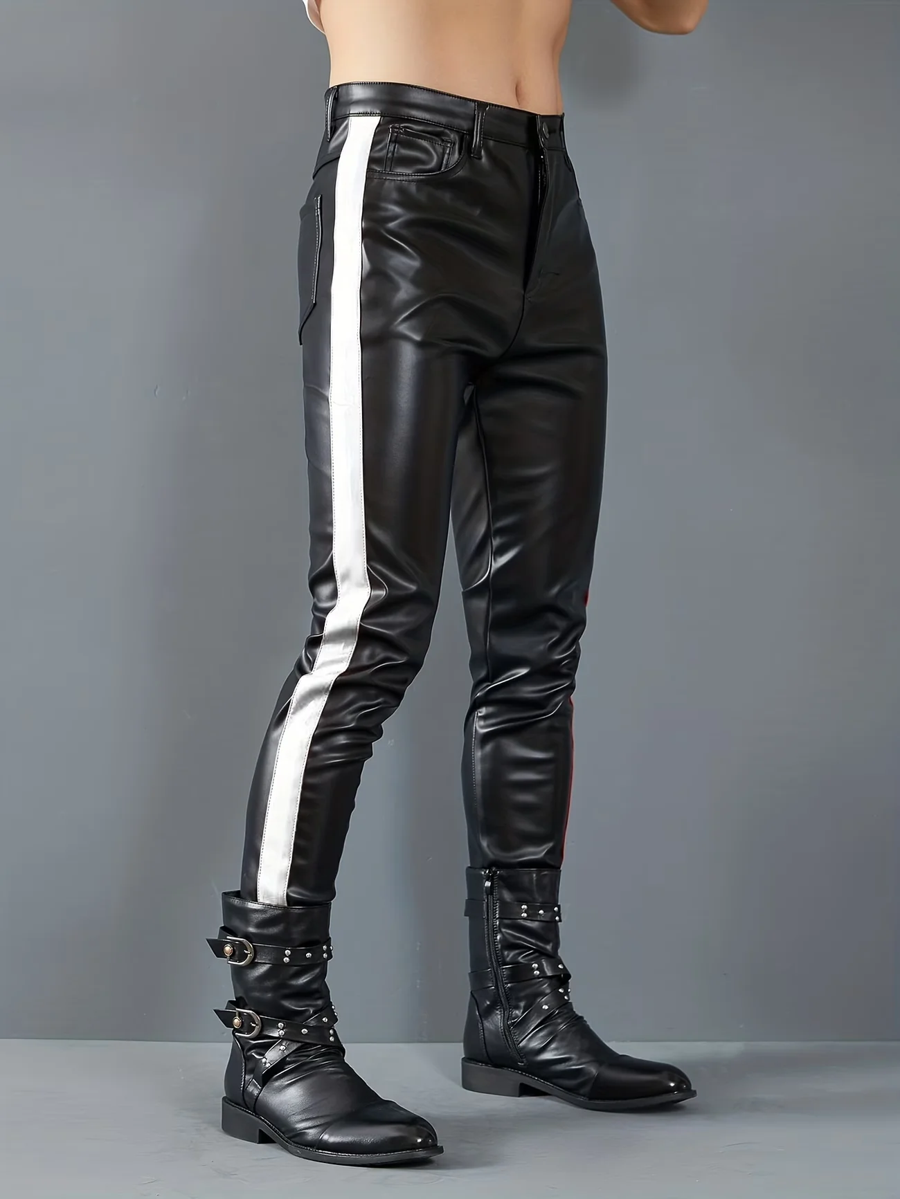 Herren Dehnbare Patchwork Outdoor Halloween Party Cosplay Biker Motorrad PU-Lederhose – Detail 8