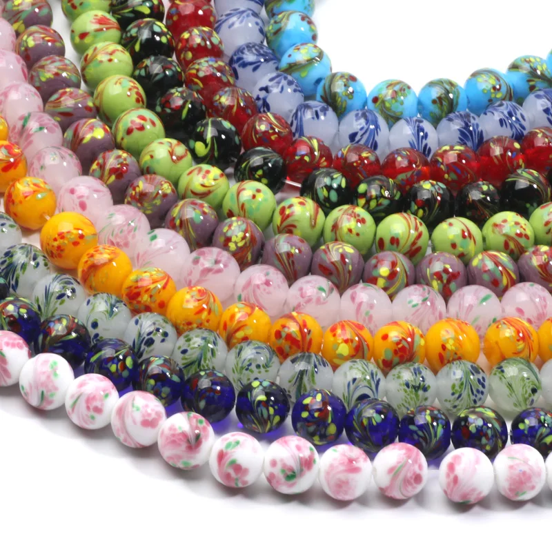 12MM 10Pcs Colorful Beads Charme Dot Dyeing Phoenix Tail Pattern Glass Beads For Making Jewelry Necklaces Bracelets Decorative