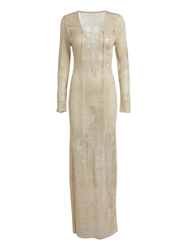 여성 니트 비치 커버 롱 드레스 2025 Boho 스타일 중공 레이스 업 하이 스플릿 섹시한 비키니 커버 업 가운