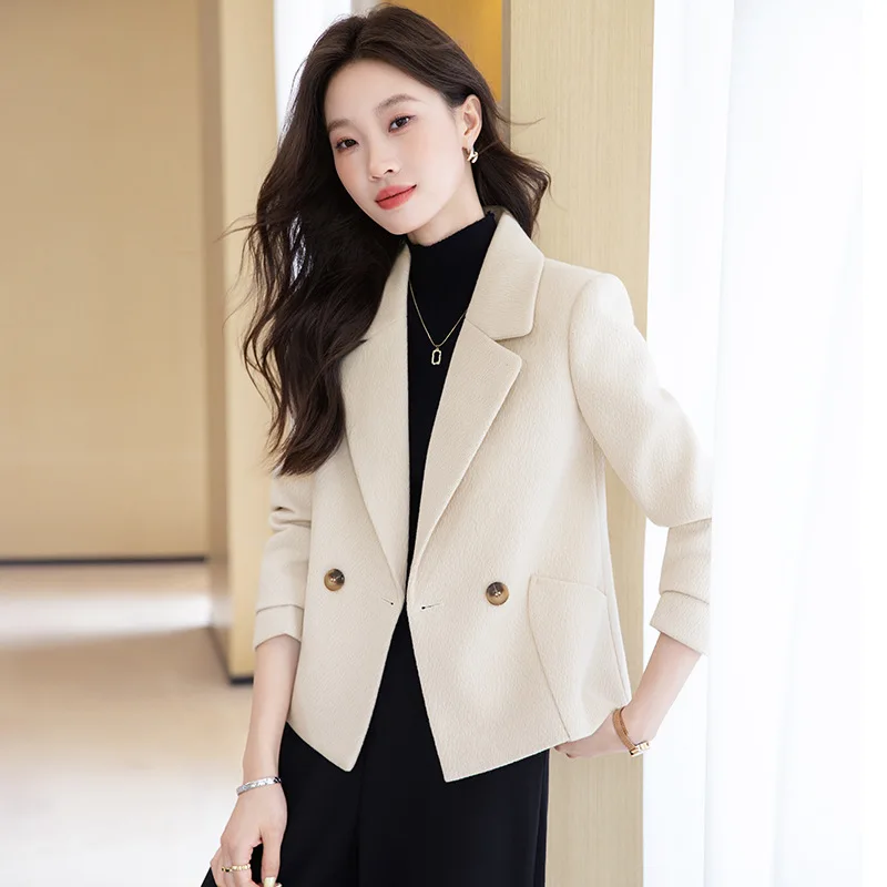High quality woolen blazer for women long sleeve jacket with pocket autumn winter 2025 elegant office clothes brown blue beige