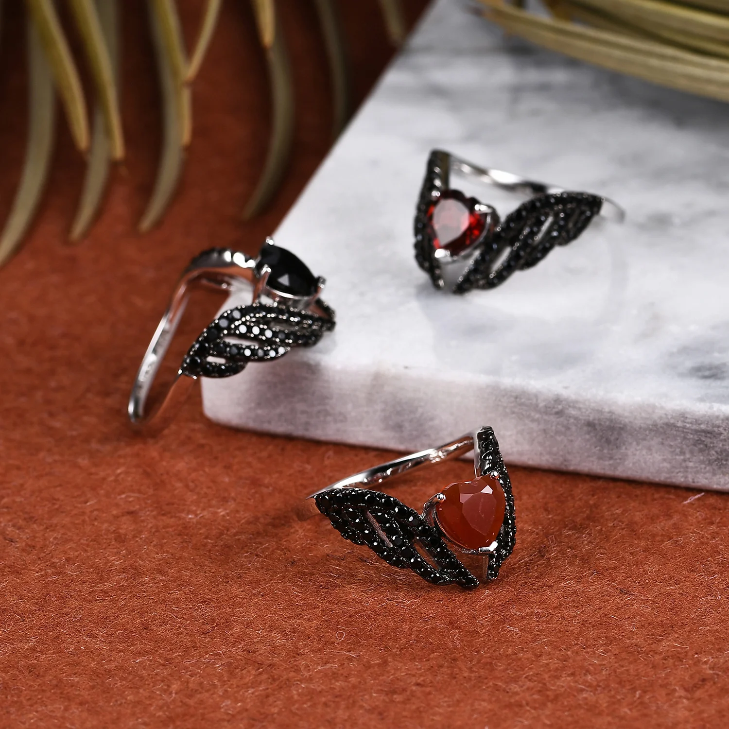 genuine Luxury brand real jewels Dark Black Wing Love Designer Natural Colorful Treasure s925 Sterling Silver Set Garnet Ring hi