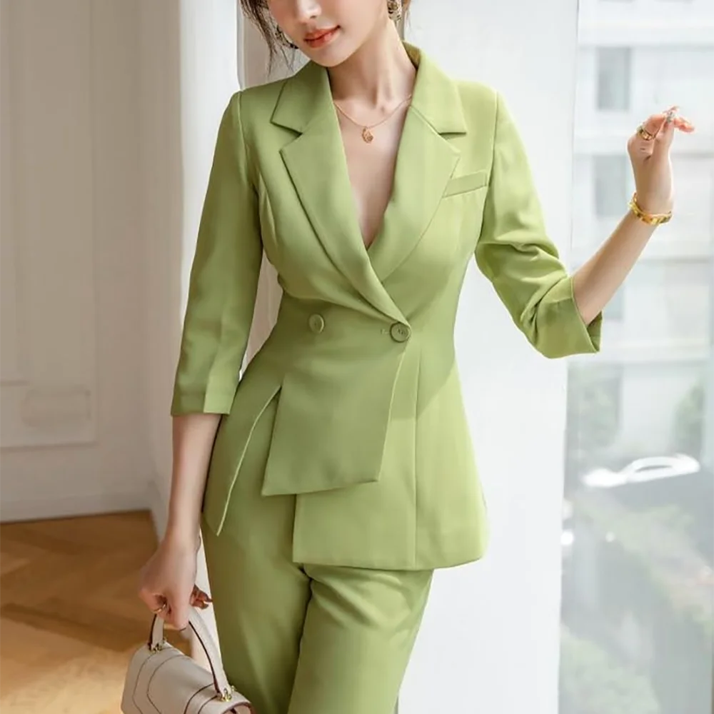 

Женский костюм уникального дизайна с зубчатыми лацканами и рукавами три четверти, современный стиль, элегантный женский офисный модный комплект из двух предметов