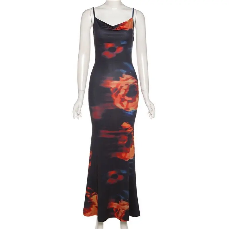 Wind Y2k Spicy Girl New Fashionable And Sexy V-neck Suspender Print Backless Slim Fit Dress