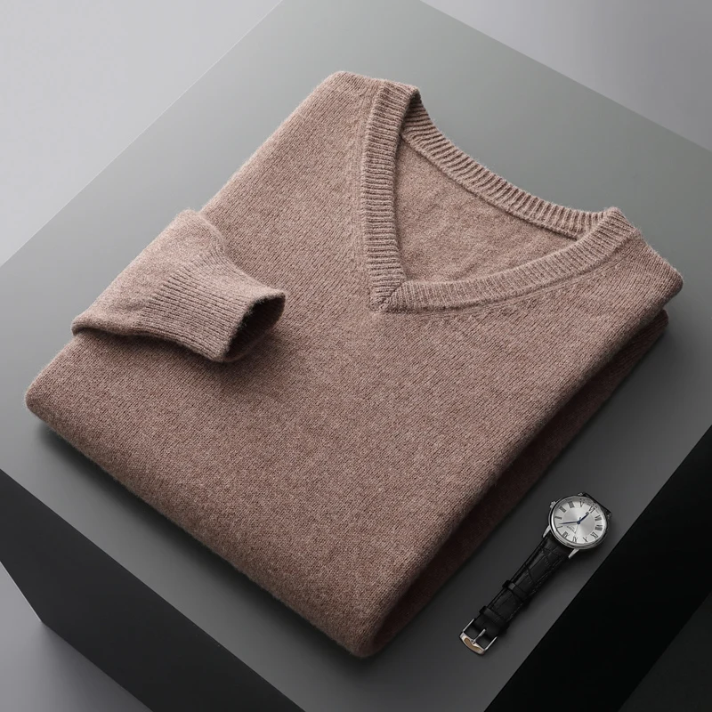 

Men's autumn and winter new cashmere fir 100% pure wool knitted V-neck loose fashion Korean version of solid color top.