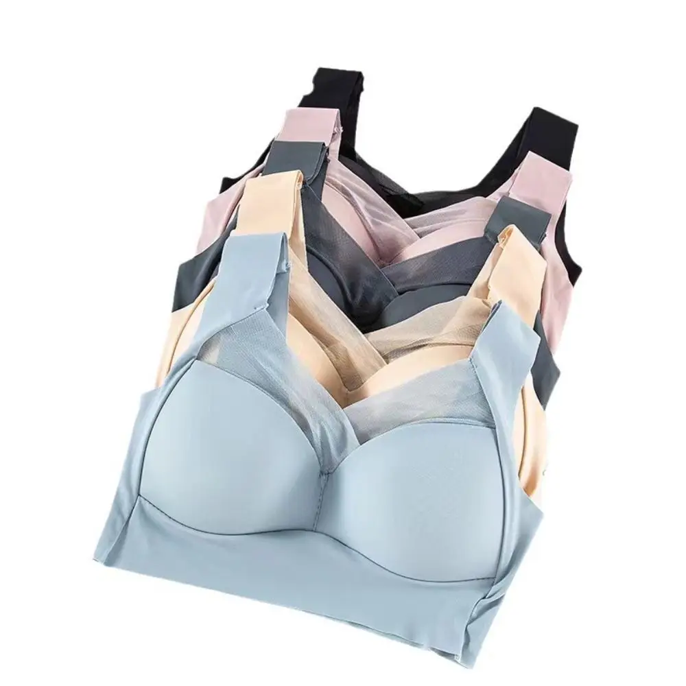 Soft Ice Silk Wireless Deep V Bra Seamless No Trace Brassiere for Women Big Cup Gathered Breasts Push Up Bras Running