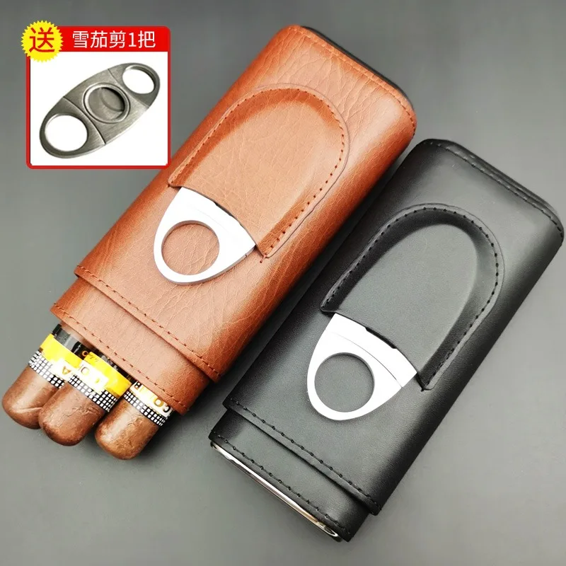 

High-end Cigar Box Leather Case Portable 3-Pack Cedar Wood Cigar Bag Personal Humidor Cigar Cutter Scissors