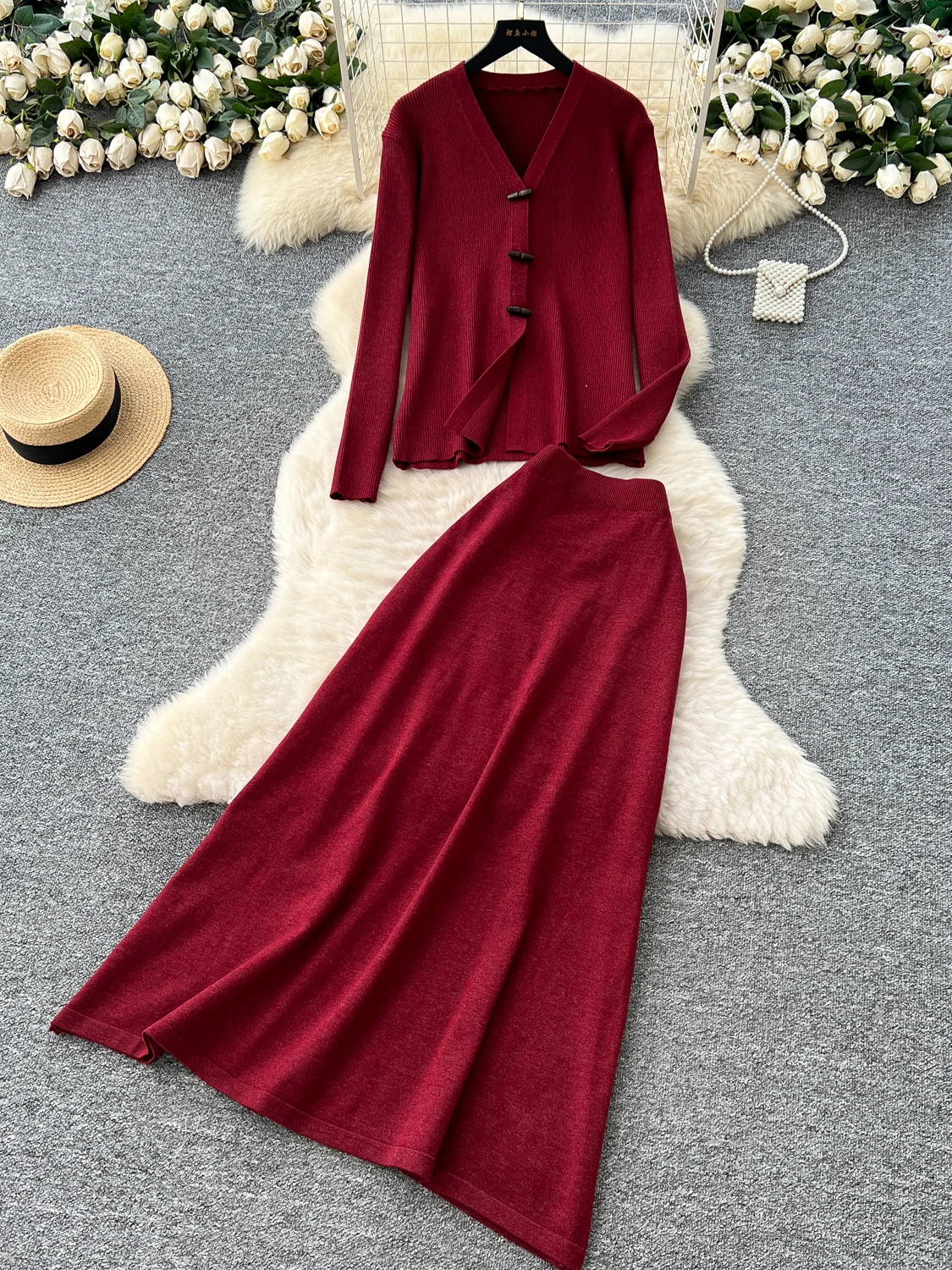 Ele Two-Piece Women's Autumn Faion Set V-Ne Long Sve Knitted Top High Waist  Skirt Versatile Soft Sle