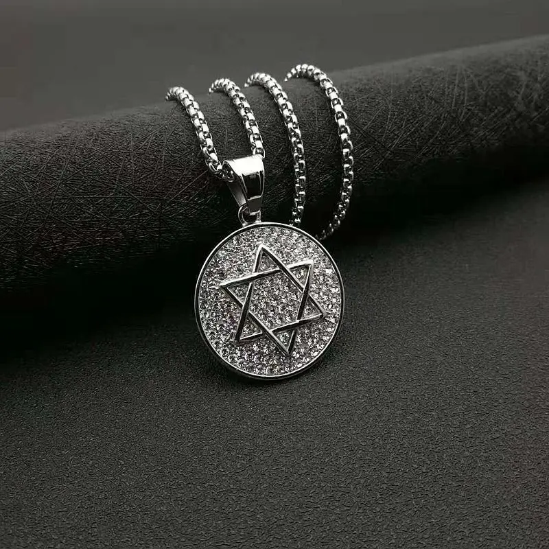 Trend Hexagram Star of David Round Medal Pendant Necklace for Men Women Hip Hop Rock Party Jewelry