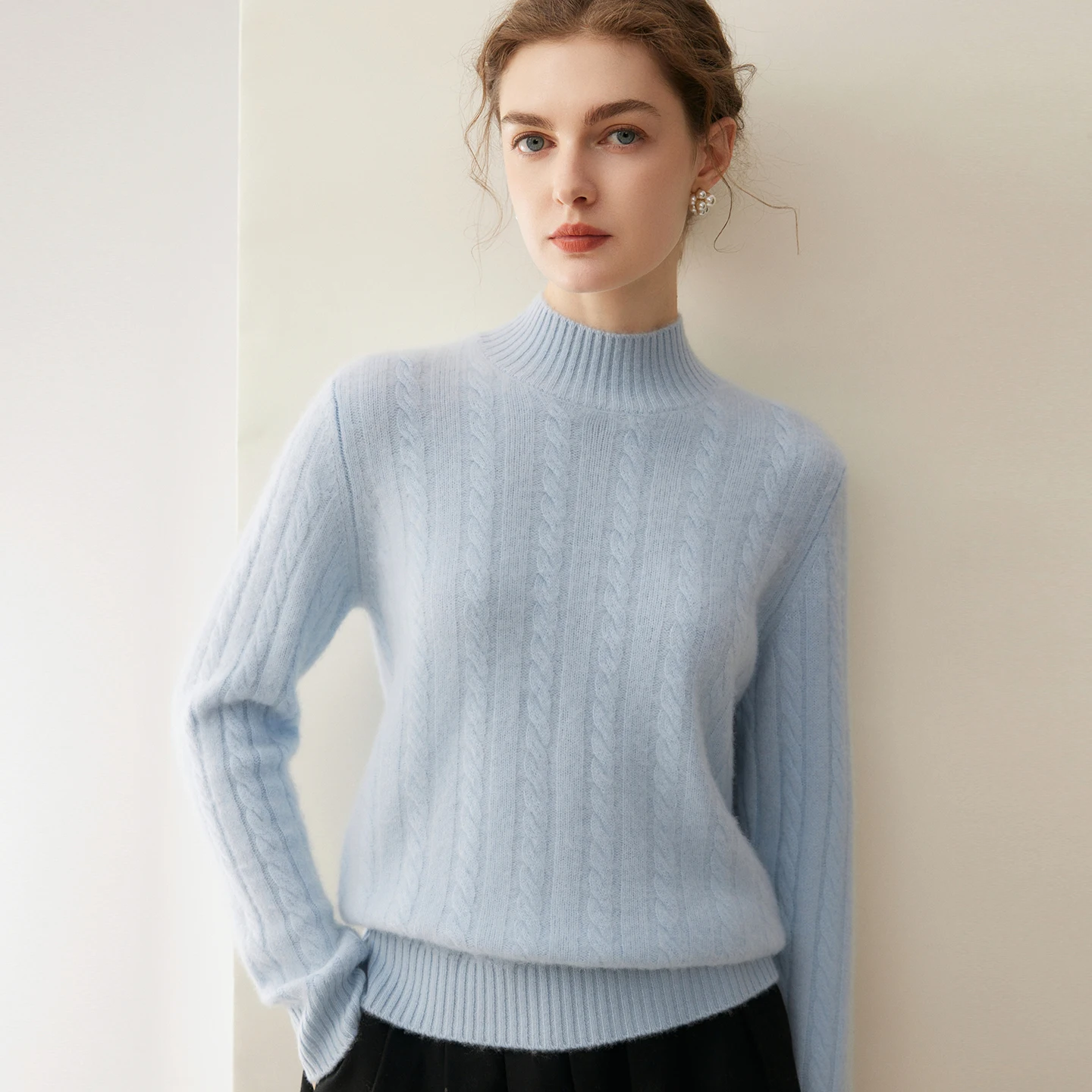 A-class high-quality women's 100% cashmere sweater casual solid color knitted Jumper Blouse Mock Neck Tops basic blouse