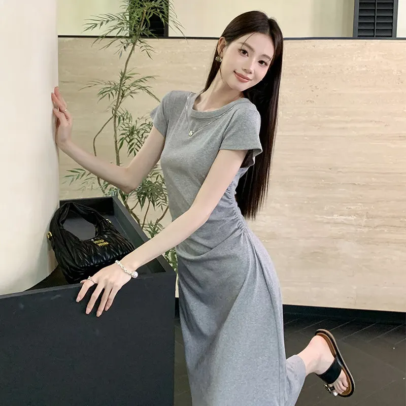 2025 夏の新韓国半袖 Tシャツドレスロングドレス女性カジュアルファッションスウィーティー気質スカート美少女