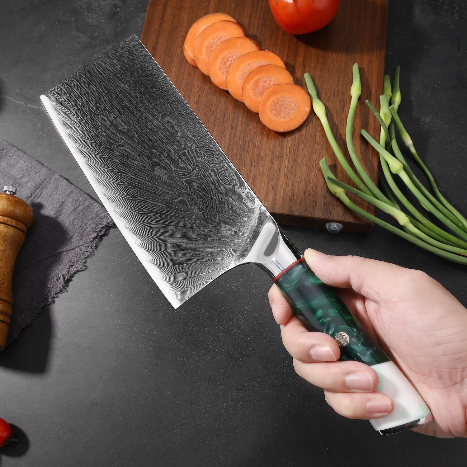 

7 Inch Slicing Knife Resin Handle 67 Layers Damascus Steel 10Cr15CoMoV Blade Sharp Chefs Cleaver Kitchen Knives China Messer