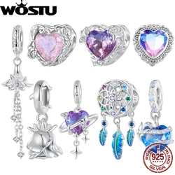 WOSTU Retro Gradient Purple-pink Heart Charm Feather Dreamcatcher Flower Pendant Fit Girl Original Bracelet 925 Sterling Silver