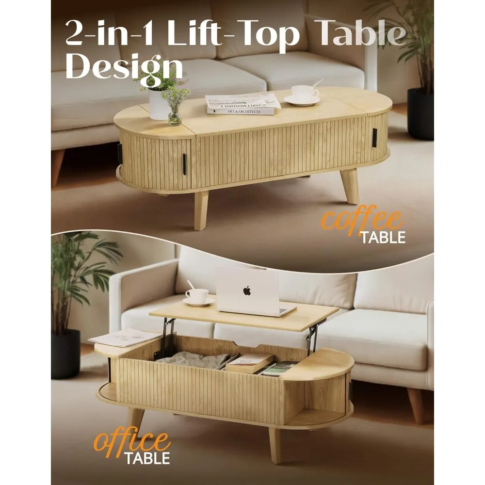 Mesa de centro moderna de madera estriada con almacenamiento superior elevable, muebles de sala de estar de 47,2 pulgadas, 180 °   Parte superior deslizante para versatilidad