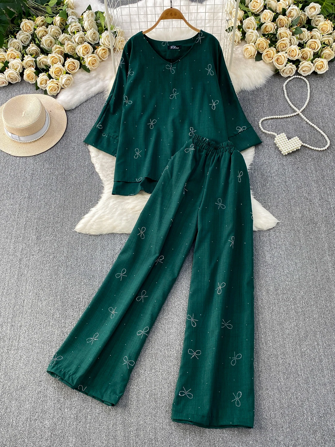 Slimming Effect Heavy Embellished Loose Mid-Length round Neck Two-Piece Set with Wide Leg Pants Elegant Feel Fashionable Ense...