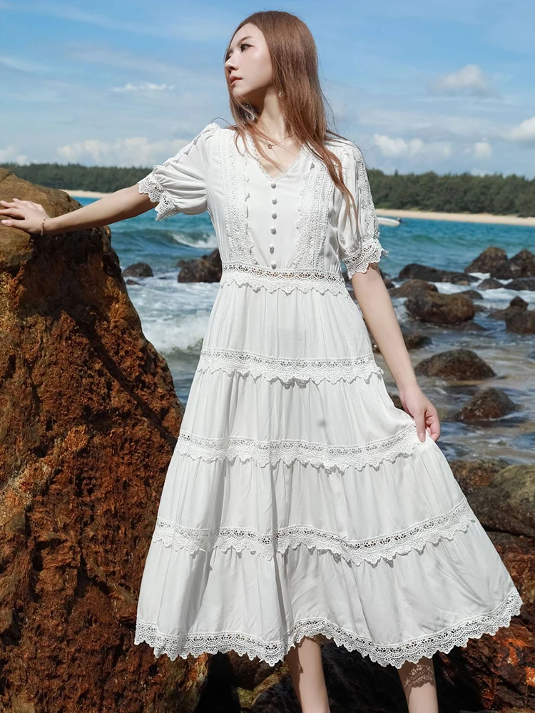 GypsyLady Elegant French Chic Tiered Dresses Summer Cotton Lace Ruffles Women White V-neck Holiday Beach Ladies Dress New