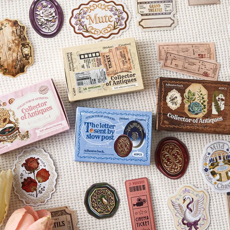 Mr.Paper 40Pcs/Box Antique Collector Series Vintage Sticker Retro Botanical & Ticket Design DIY Journal Scrapbook Decor