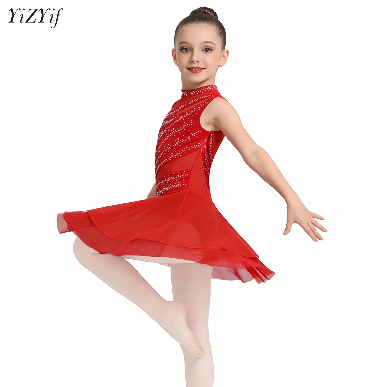 

Lyrical Dance Dress for Kids Girls Figure Ice Skating Ballet Dress Gymnastics Tutu Skirted Leotards Rhinestone Stage Dancewear