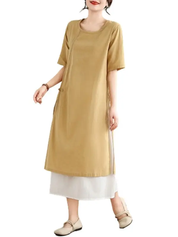 Retro Chinese Button Loose Cotton Women's Dr Boting Skirt Two-Piece Set ort Sve round Ne Pullover Faion Set